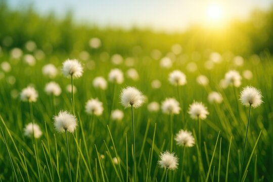 Vibrant Cotton Grass Blooming in Bright June Sunlight - Powered by Adobe