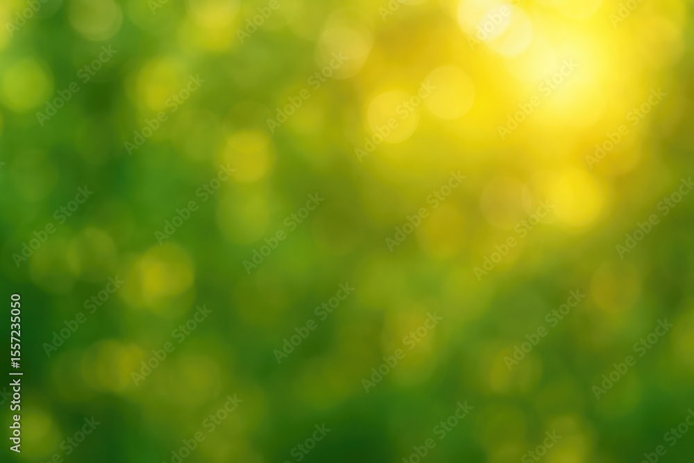 Poster abstract green and gold bokeh with sunlight filtering through leaves, creating a dreamy natural back