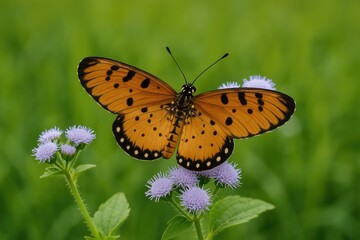 Obraz premium Butterfly species resting on Ageratum conyzoides blossoms with a soft-focus backdrop