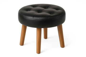 Elegant black leather padded seat with circular wooden legs on a plain white backdrop