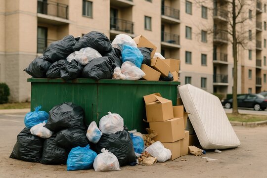 Discarded household waste spilling from overflowing dumpster in residential area