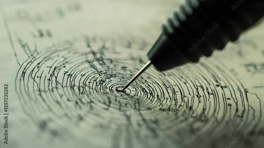 Poster Precise drawing of geological map showing earthquake epicenter using drafting compass, creating concentric circles representing seismic wave propagation across tectonic regions