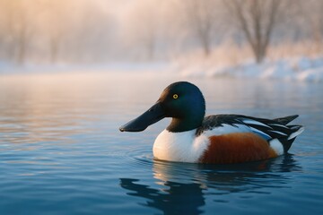 Morning mist over a tranquil water surface featuring a vibrant green-feathered duck. A serene wildlife moment captured in nature.
