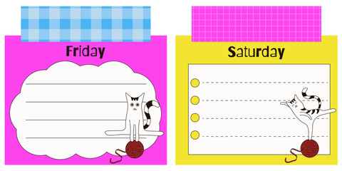 Set of kids Daily planner template design. Vector illustration of juicy color Day Planner with funky fun cat and adhesive tape. Ideal child Plan list nursery schedule template design. EPS 10