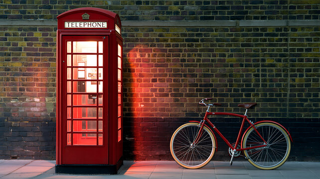 Iconic London: A vibrant red telephone box, bathed in warm light, stands alongside a bicycle against the backdrop of a weathered brick wall, evocative of London's charm and history. - Powered by Adobe