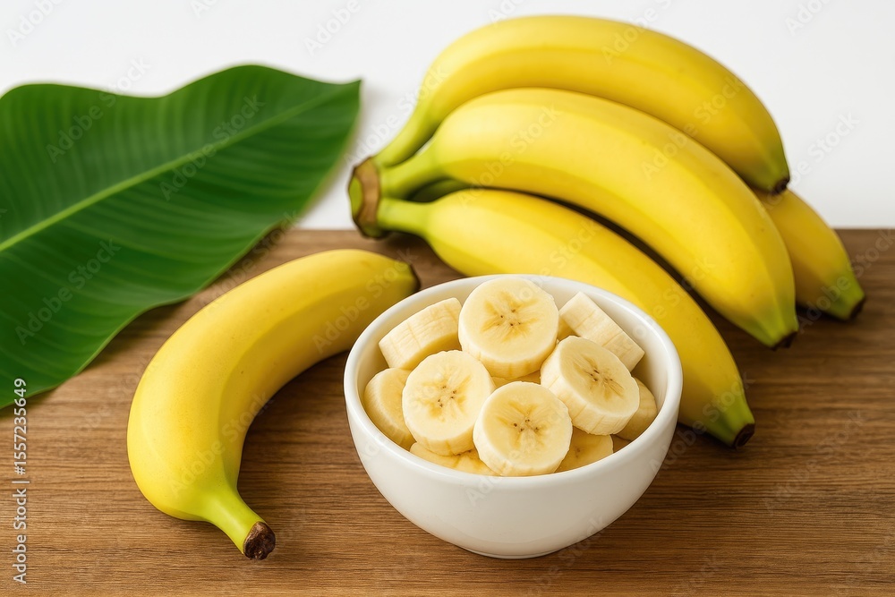 Poster sliced and chopped bananas in a bowl with a background of a banana bunch and assorted fruits on a wo