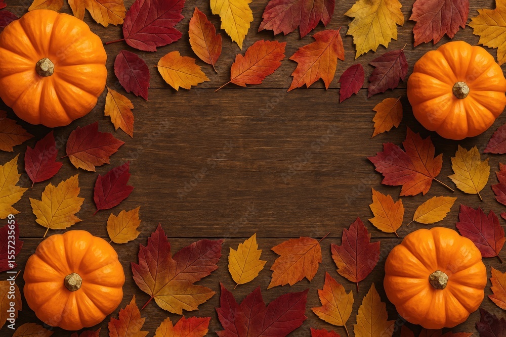 Wall mural vibrant fall foliage and gourds arranged on rustic wooden surface with empty space, top-down view, s