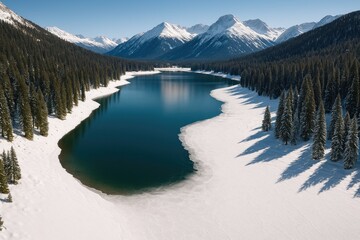 Bird's-eye view of a snowy meadow lake