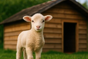 Adorable young lamb in a cozy barn setting