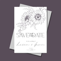 Sunflowers Wedding Invitation template, Outline Sunflowers Minimalist Wedding Invitate Template, Line Art Sunflowers Wedding