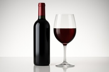 A vessel filled with deep red wine beside its container