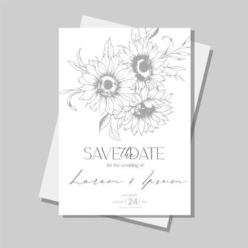 Sunflowers Wedding Invitation template, Outline Sunflowers Minimalist Wedding Invitate Template, Line Art Sunflowers Wedding