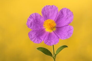 Obraz premium Elegant blossom featuring vibrant yellow stamens and textured violet petals set against a soft yellow backdrop