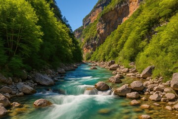 Fototapeta premium Explore the Scenic Beauty of Bellos River and Anisclo Canyon within a National Park in the Pyrenees