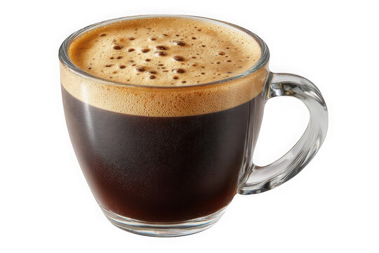 A steaming hot cup of rich dark espresso coffee with a thick layer of golden brown crema in a clear glass mug - Powered by Adobe