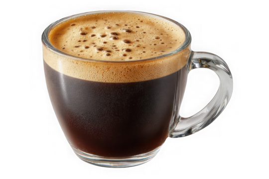 A steaming hot cup of rich dark espresso coffee with a thick layer of golden brown crema in a clear glass mug