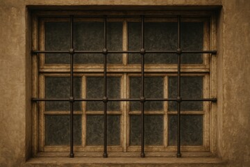 A weathered window with a transom covered by a metal grille