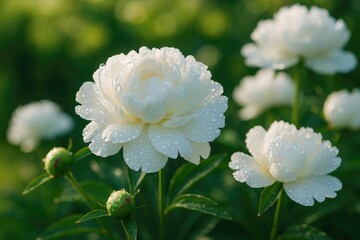 Obraz premium Elegant white peonies in summer adorned with dewdrops during bloom