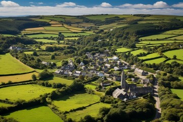 Naklejka premium Aerial view of a charming village nestled amidst rolling green hills and agricultural fields in the british countryside
