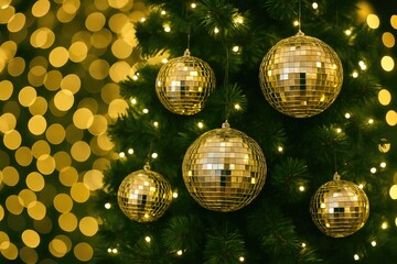 Obraz premium Festive season decorations featuring reflective spheres and illuminated greenery inside a retail space during holiday celebrations with blurred light backgrounds