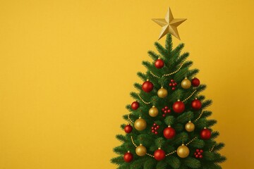 Fototapeta premium Festive holiday tree adorned with ornaments and a shining star, set against a bright yellow background.
