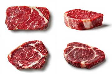 Obraz premium Four delicious raw beef steaks, showcasing the marbled texture and fresh appearance
