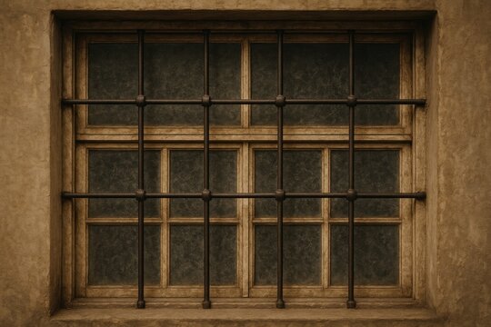 A weathered window with a transom covered by a metal grille