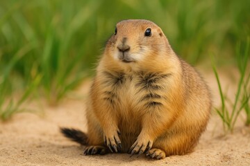 Fototapeta premium Sand-dwelling black-tailed prairie dog resting on grassy terrain