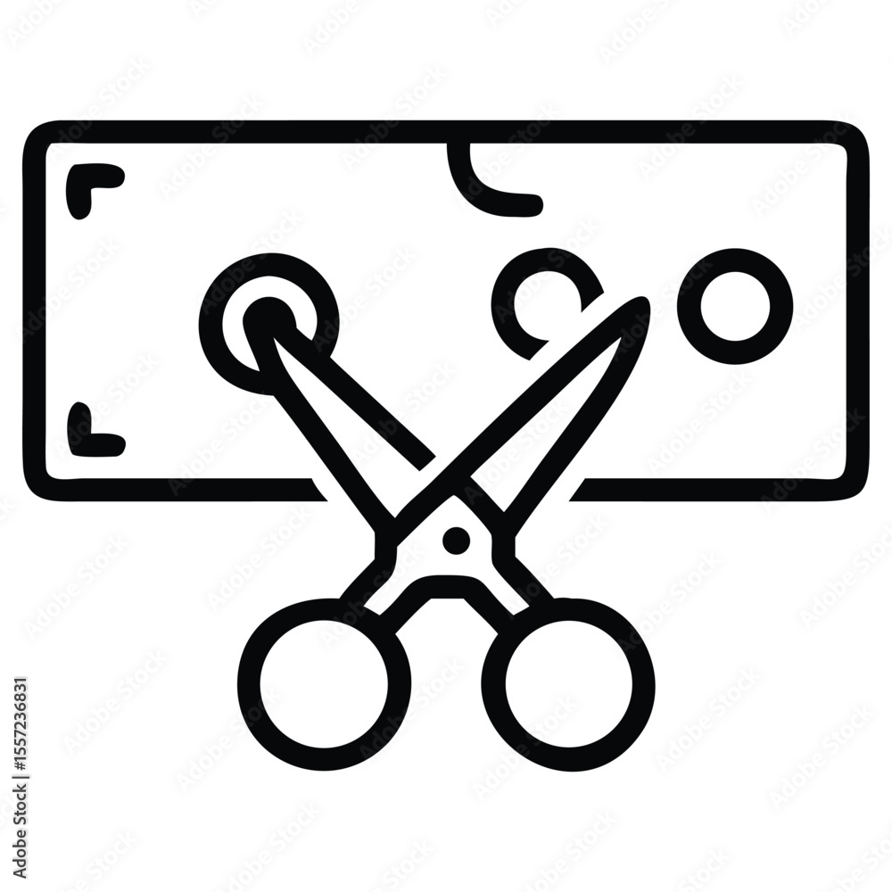 Poster scissors cutting paper with corner marking in simple line art style icon