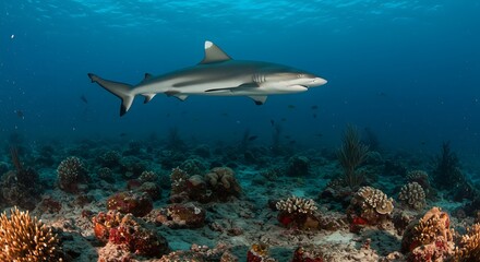 Graceful silvertip shark cruises along a vibrant coral reef ecosystem in the clear blue ocean waters