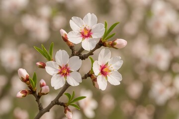 Obraz premium Close-up of delicate white and pink almond blossoms with yellow stamens, buds, and greenery, set against a soft floral backdrop
