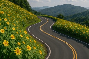 Winding asphalt road with a sharp S-curve amidst a vibrant wildflower field
