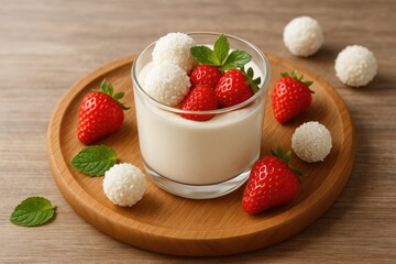 Sweet creamy treat topped with coconut balls and fresh strawberries on a rustic wooden platter