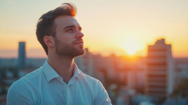 Man contemplating city sunset