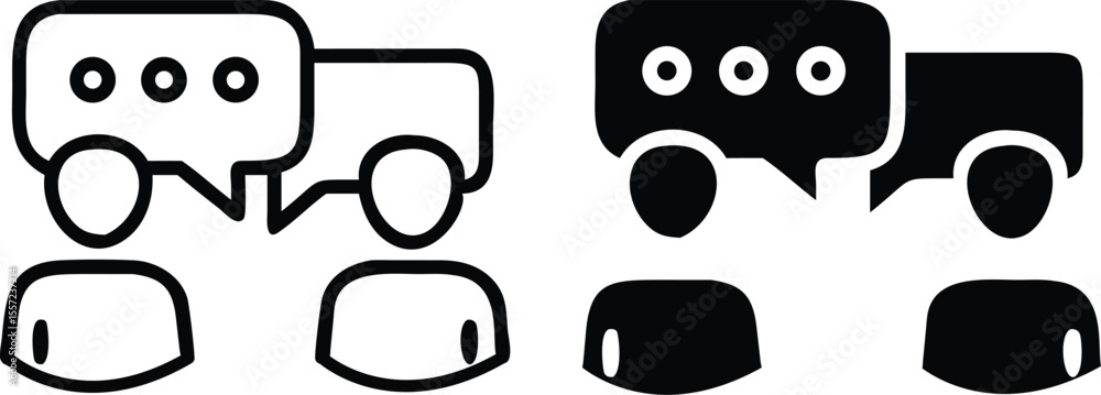 Poster minimalist line art icon of two figures with overlapping speech bubbles representing communication