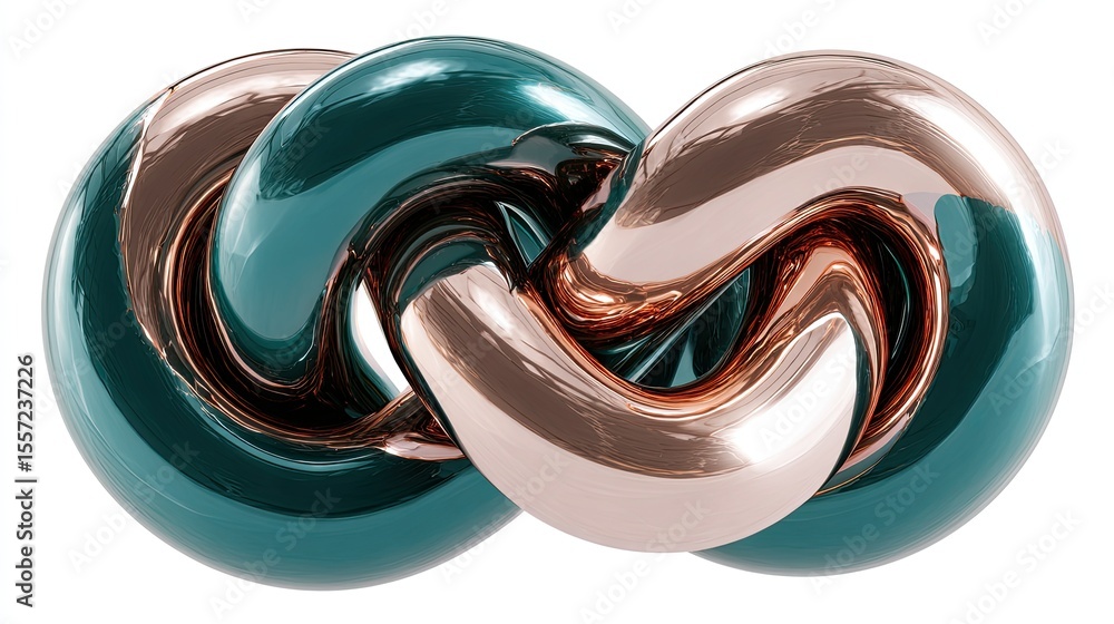 Poster intertwined metallic sculptures: a 3d rendering of connected circular forms