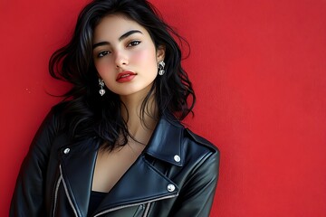 High-fashion Instagram model photoshoot featuring a black leather jacket outfit, striking poses against a bold and vibrant red backdrop.