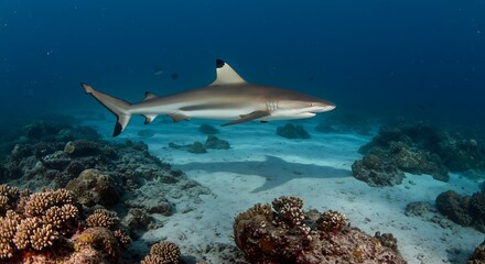 Fototapeta premium Blacktip reef shark cruises over coral reef, a marine life spectacle in clear ocean waters, showcasing predator and prey in aquatic habitat.
