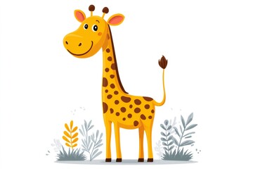Obraz premium Cute cartoon giraffe smiling and standing in the savannah