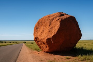 A massive crimson sandstone rock positioned beside a countryside pathway under a vivid azure sky