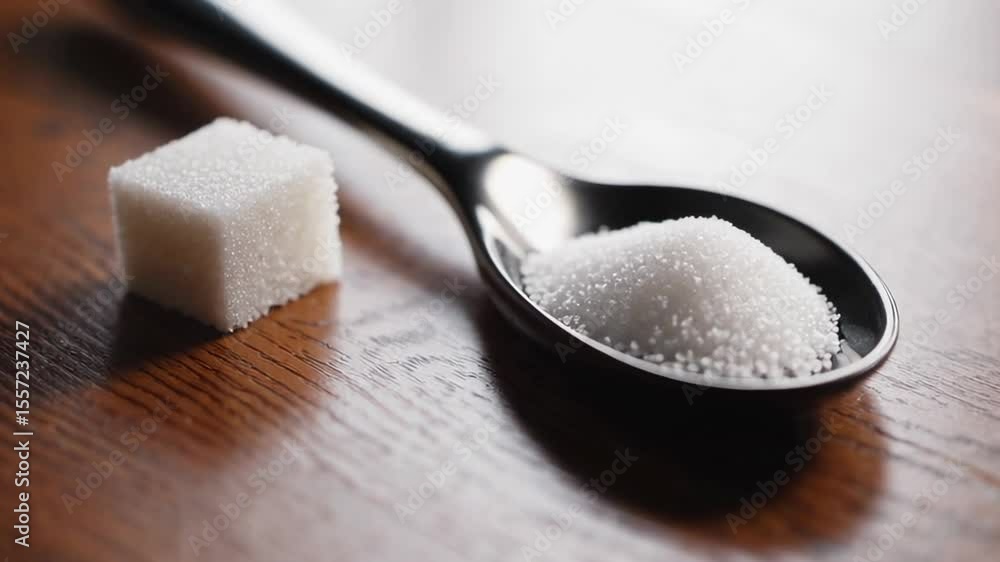 Poster Granulated sugar in a spoon and a sugar cube rest on a wooden table, illustrating different forms of sugar commonly used in food preparation and consumption