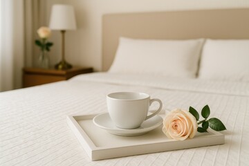 A pristine white mug resting on a matching tray atop a bedspread in a cozy hotel room