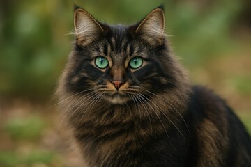 Stunning feline with glossy brown and black fur and captivating green-turquoise eyes