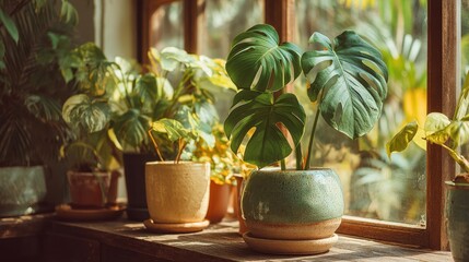 Indoor potted plants near a window, fiddle leaf fig, monstera, and pothos in ceramic pots