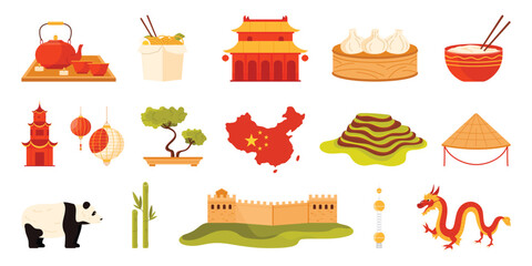 Travel to China, Chinese culture elements and architecture landmarks, famous food and animals infographic set. Old pagoda and traditional dragon, tea ceremony and lantern cartoon vector illustration © Flash Vector