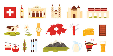 Travel to Switzerland, Swiss culture elements, food and attractions stickers set. Flag with cross on map, Clock Tower of Bern and penknife, cow and cheese, Alps mountains cartoon vector illustration