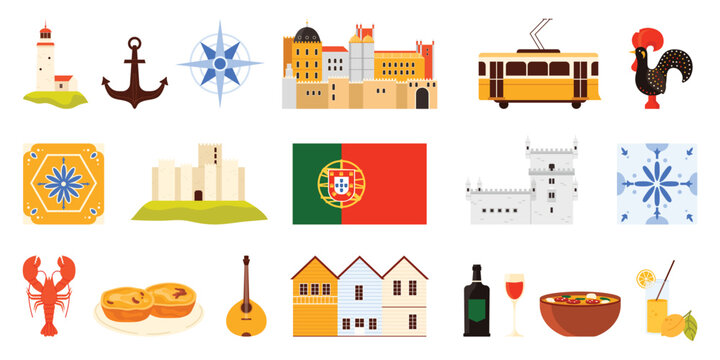 Culture elements and architecture landmark of Portugal set. Portuguese food and wine, Belem Tower and tram in Lisbon, famous ceramic tile and rooster, lighthouse and anchor cartoon vector illustration