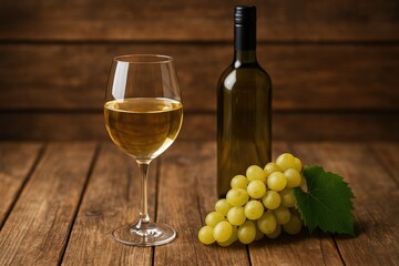 A rustic wooden table featuring a glass of homemade white wine alongside grapes and a wine bottle
