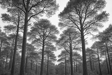 Monochrome vertical scene featuring pine trees, branches, and a luminous sky at a serene forest location