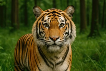 Fototapeta premium Wild Bengal Tiger displaying its head in the jungle